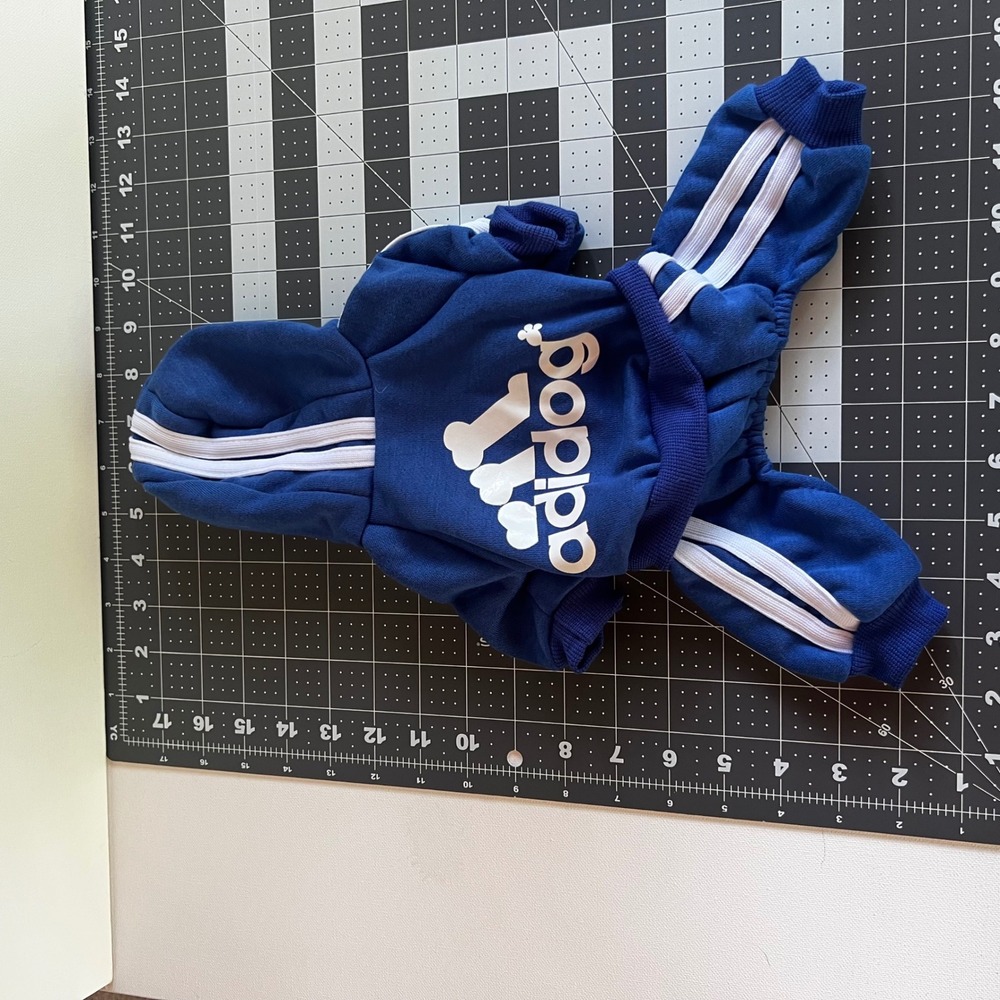 Adidog Pet Hoodie Jumpsuit Blue Athletic Small Dog Clothes Tracksuit 003 - Picture 5 of 8